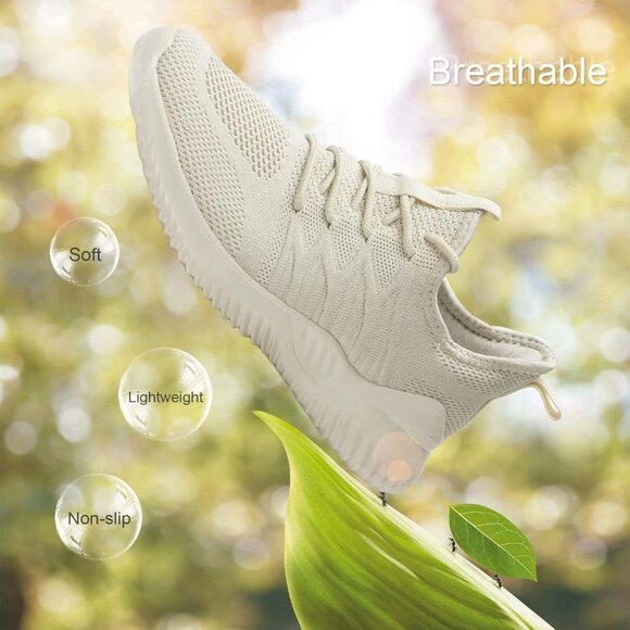 Women's Ladies Walking Running Shoes Slip On Lightweight Tennis Sneakers Beige - Picture 2 of 7